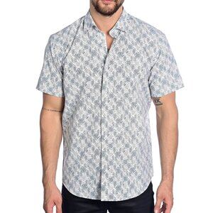 Mizumi White/Blue Geo Print Short Sleeve Button Up Shirt